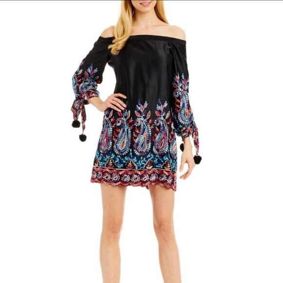 Nicole Miller New York Off Shoulder Embroidery Dress Black Paisley Size 12 - Picture 1 of 10